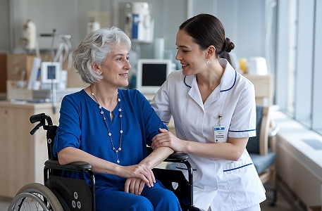 Eine Krankenschwester leistet Einzelbetreuung für einen Senior