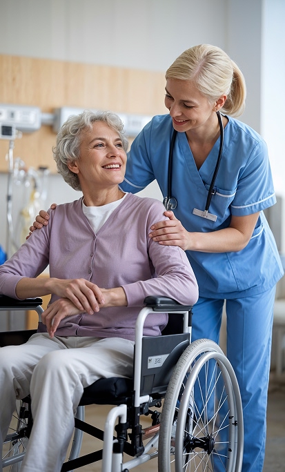 Betreuer unterstützt warmherzig eine Seniorin