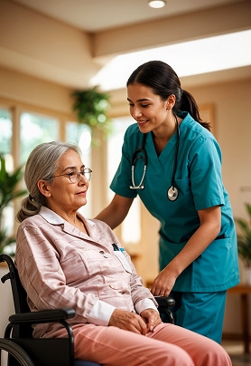 Mitarbeiter unterstützt Senior in einer komfortablen Umgebung